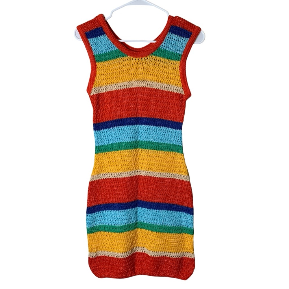 Rainbow Striped Tank Crochet Knit Dress Size XL Summer Colorful Stretch Boho - Picture 2 of 5